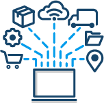 Icon of ecommerce shopping carts, parcels, inventory, and accounting connected to a computer