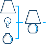 Kitting and assembly icon of multiple parts connecting to a lamp