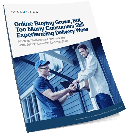 eBook cover titled “Online Buying Grows, But Too Many Consumers Still Experiencing Delivery Woes” with a delivery man handing a parcel to a customer