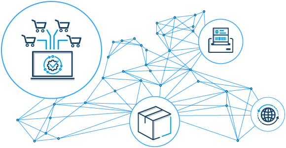 Artistic representation of multichannel ecommerce shipping operations with a laptop, shopping carts, parcel, shipping label, and globe connected via a network of lines and dots