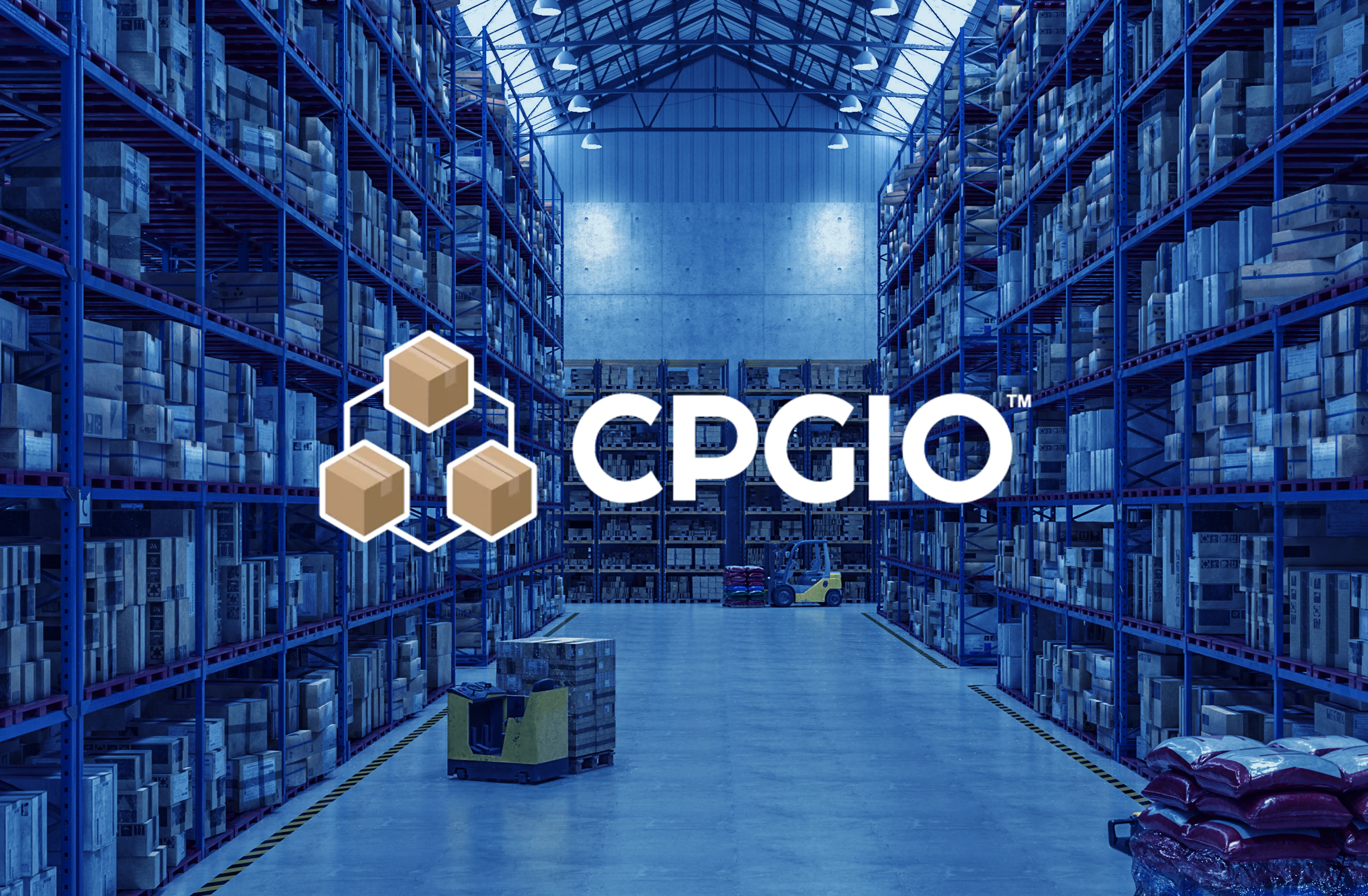 CPG.IO logo with warehouse and pallets full of boxes