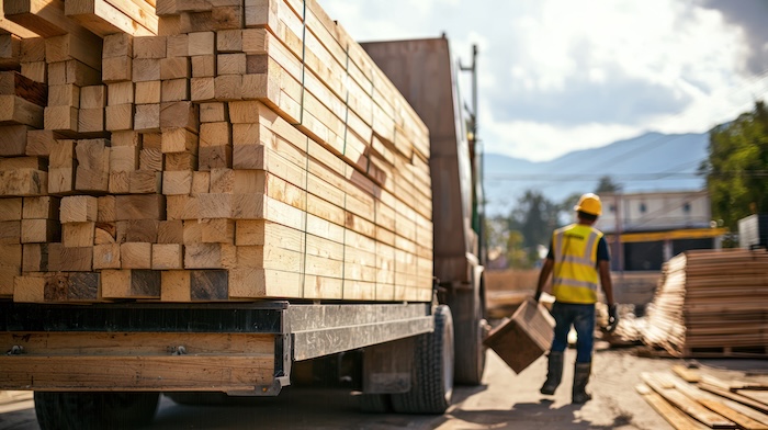 Large stack of timber on a truck for building materials delivery, reflecting logistics and supply chain challenges in construction.