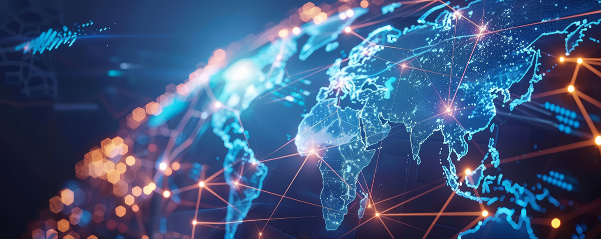 A global map interconnected with lines and points of light representing the global ecommerce market with opportunities for domestic and international sales growth.