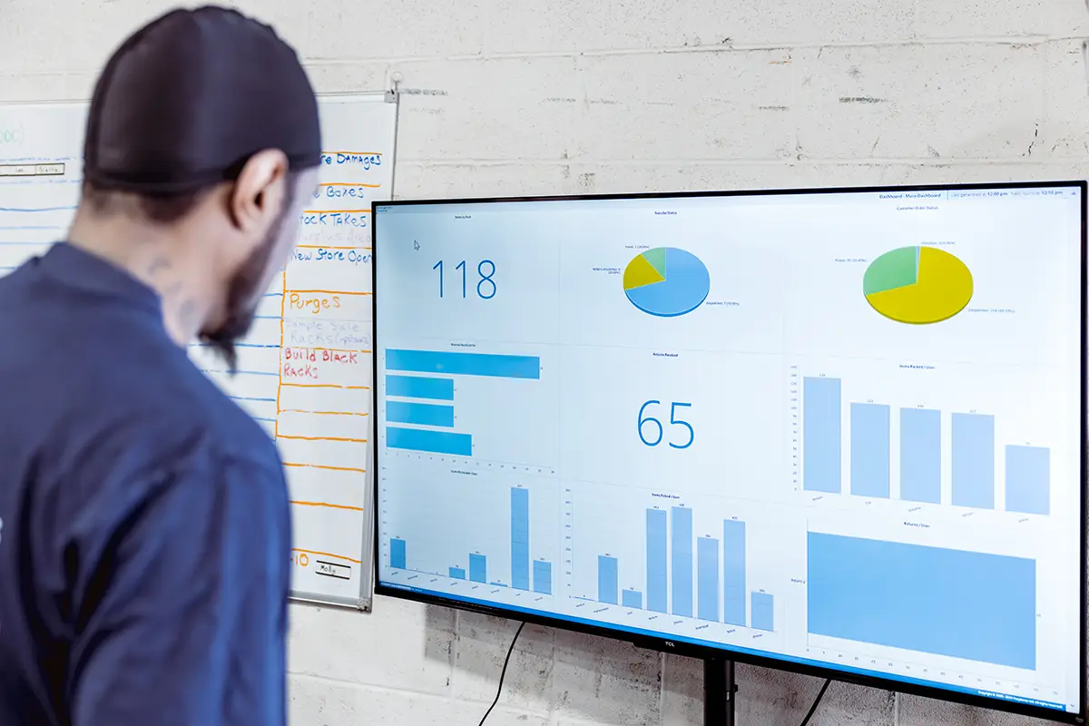 A warehouse worker examines a screen displaying key performance metrics.