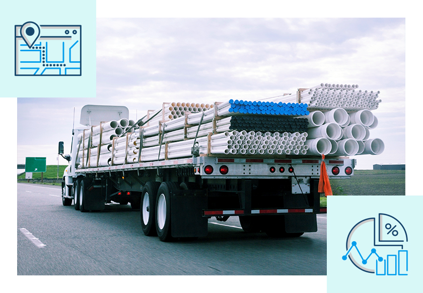 Flatbed truck delivering building supplies, with icons representing route planning and analytics