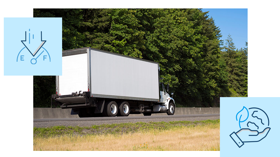 Box truck on road with icons representing reduced mileage and green delivery slots.