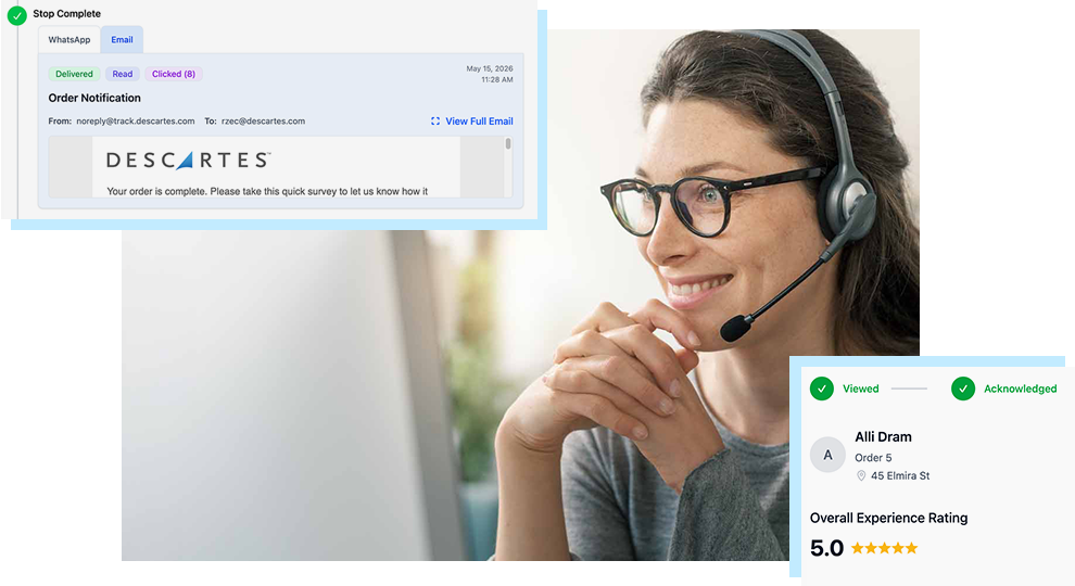 Photo of dispatcher at desktop computer viewing delivery communication and feedback responses