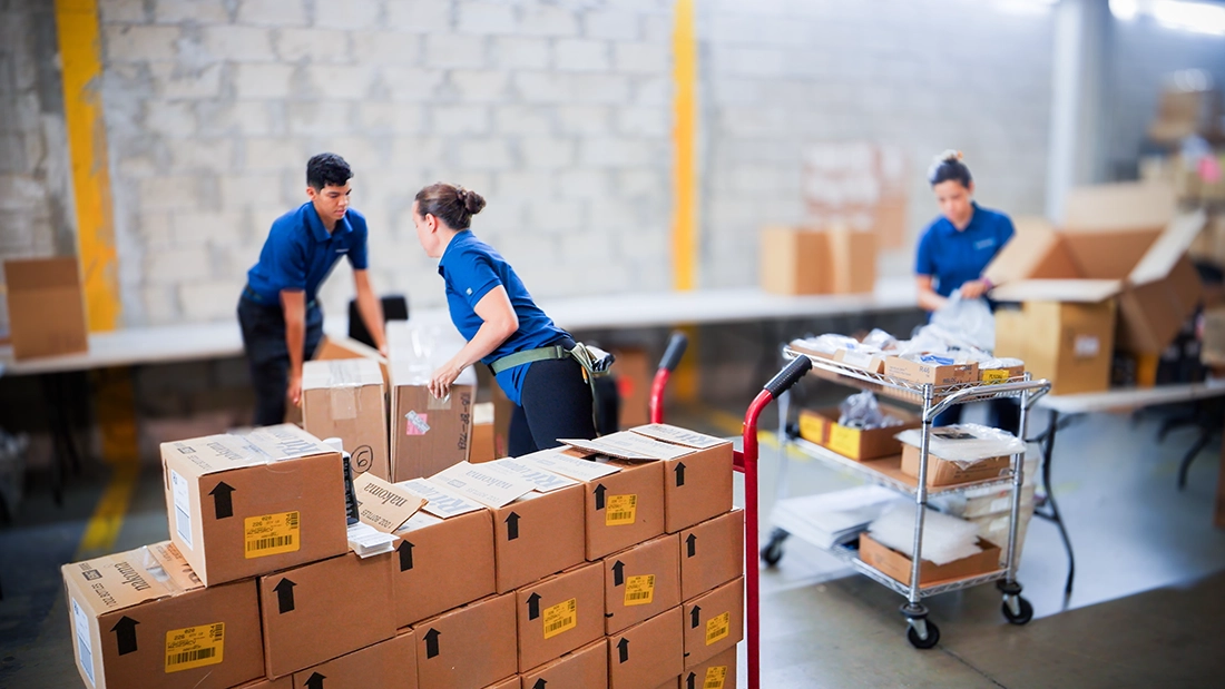 Three warehouse workers pack orders for shipping and load parcels onto rolling carts